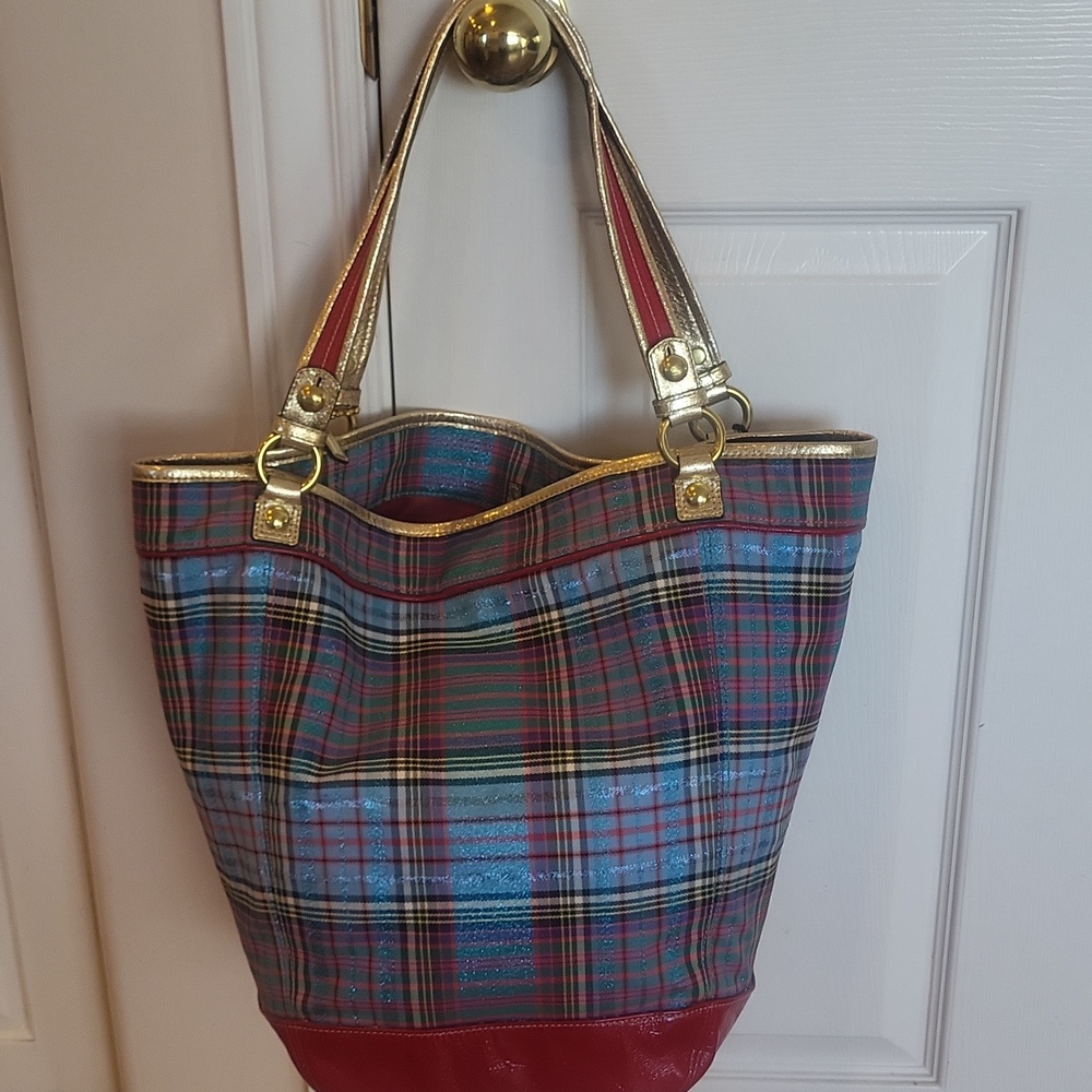 Coach Poppy Plaid Tote Bag with Gold, Blues, Greens and Reds. - Picture 5 of 14